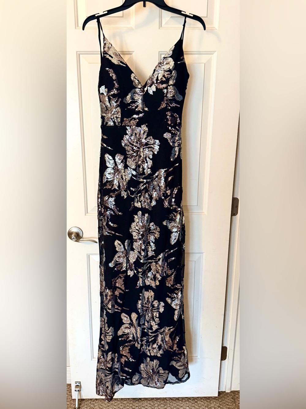 Emerald Sundae Black Long Formal Dress with silver Sequin Floral Detail